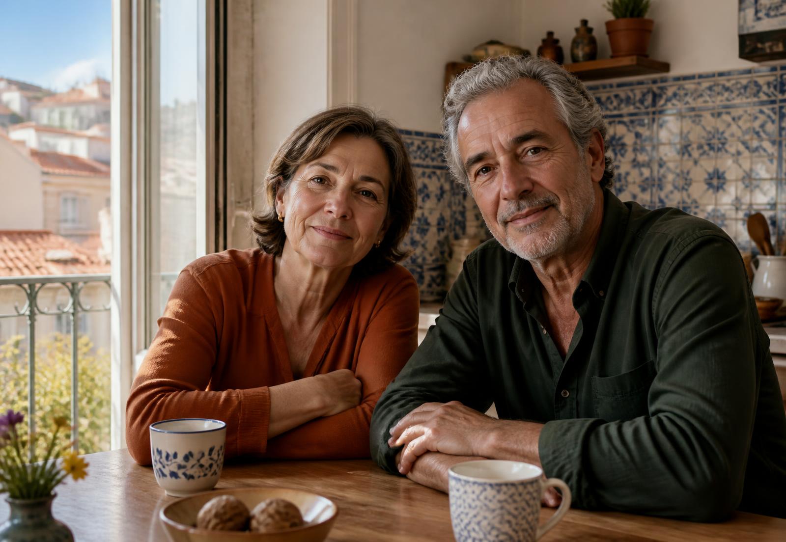 Casal português sentado à mesa da cozinha da sua casa